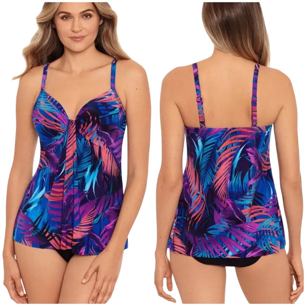 Miraclesuit NWT Marina Tankini Top Framboise Pink Palm Size 8 Underwire Bra